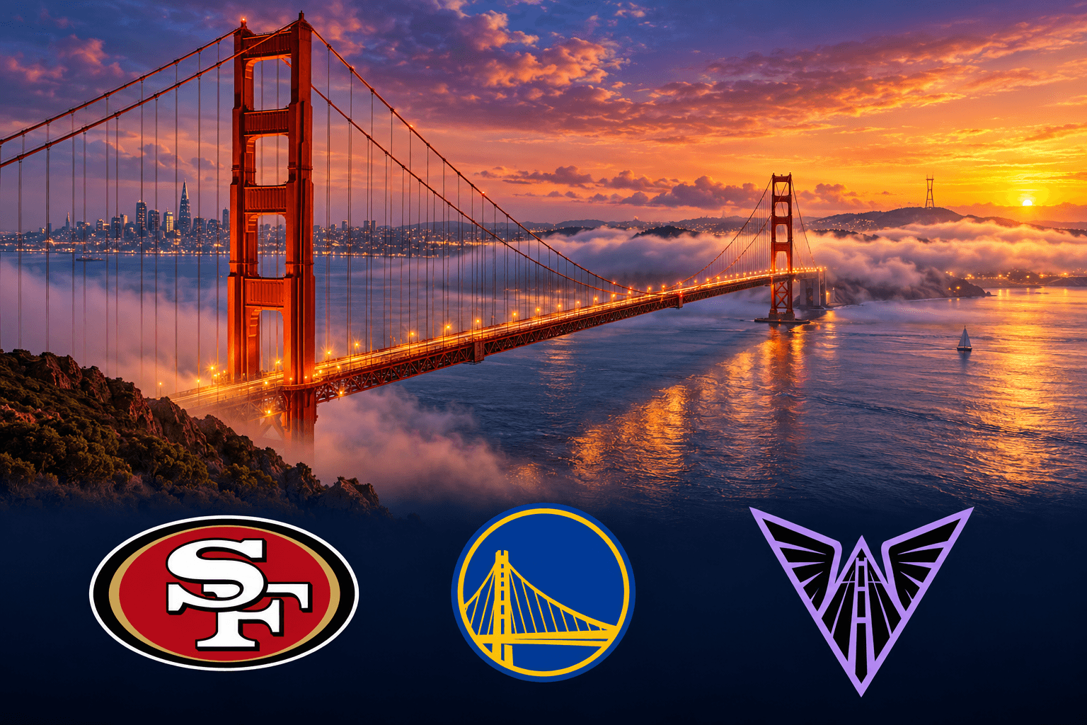 Golden Gate Bridge at sunset above the 49ers, Warriors, and Valkyries logos